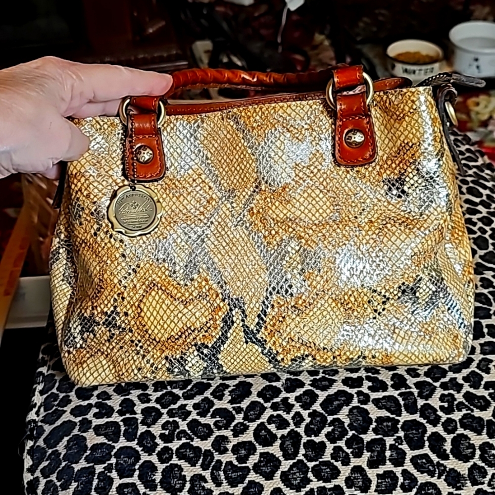 Patricia Nash 10th anniversary silver and tan metallic bag.